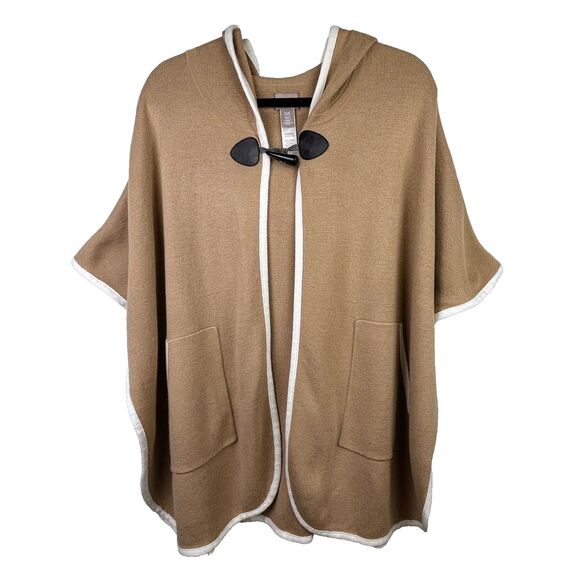Chico’s Knit Poncho Cape Tan Cardigan Sweater Hooded Lagenlook Women One Size - Picture 1 of 15